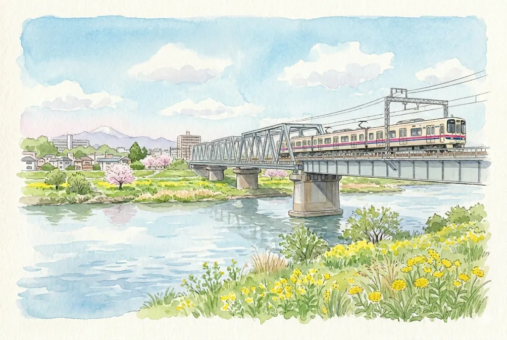 多摩川と電車のイラスト